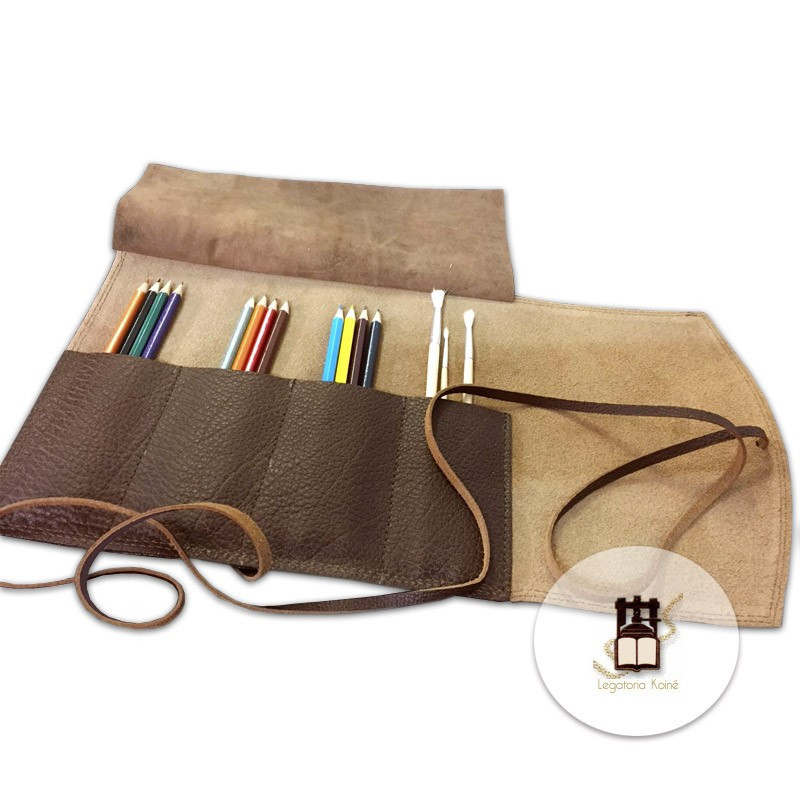 Trousse noire plate en cuir pour crayons stylos pinceaux